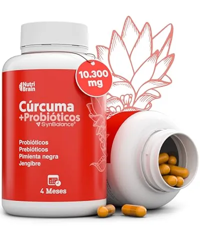 Cúrcuma con Jengibre, Pimienta negra y Probióticos | 10.300 mg Ultraconcentrada >95% | Antiinflamatorio para Bienestar Articular, Muscular, Óseo y Digestivo | 125 días | Solo 1 cápsula/día
