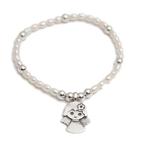 Kokomorocco - Pulsera comunión Ángel de la Guarda - Pulsera religiosa - Cadena con Perlas cultivadas en Agua Dulce - Plata de Ley