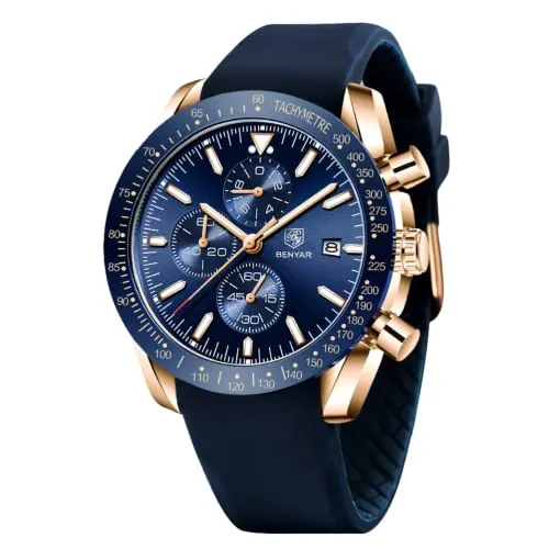Benyar Reloj cronógrafo para Hombre, Resistente al Agua, con Pantalla analógica, Movimiento de Cuarzo de Acero Inoxidable, Azul Dorado, Clásico