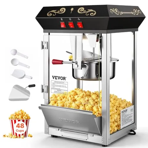 VEVOR Máquina para Hacer Palomitas de Maíz de Encimera, 850 W, 8 oz, 48 Tazas por Lote, con Vidrio Templado, Incluye 4 Cucharas, Estilo Cine, Color Negro, Fácil de Limpiar, 390 x 345 x 610 mm