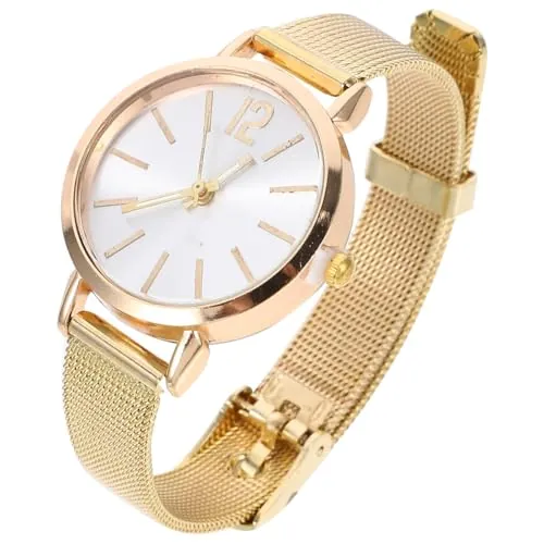 Hemobllo Reloj De Mujer con Correa De Malla Dorada Reloj De Cuarzo Elegante Y Minimalista Ideal para Uso Diario Y Estudiantes