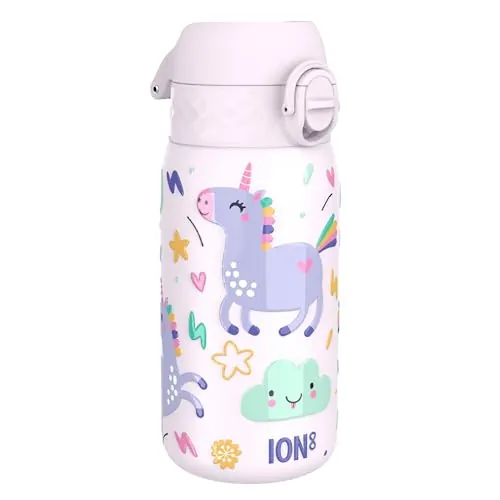 ion8 Botella Agua Inox Ligero para Niños, 400ml, Sin Aislamiento, a Prueba de Fugas, Fácil de Abrir, Cerradura Segura, Apta para Lavavajillas, Tapa Abatible, Fácil de Limpiar, Unicornios, Rosa