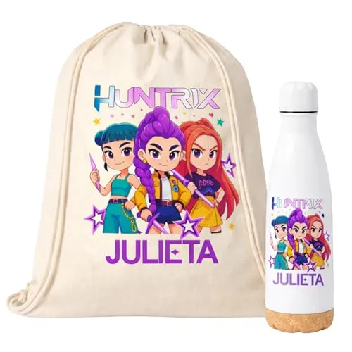 Gifters | Pack Mochila de Cuerdas y Botella Personalizadas Estilo Kpop | Bolsa Infantil con Nombre 34 × 42 cm + Termo Acero Inox 750 ml | Guardería, Colegio y Excursiones