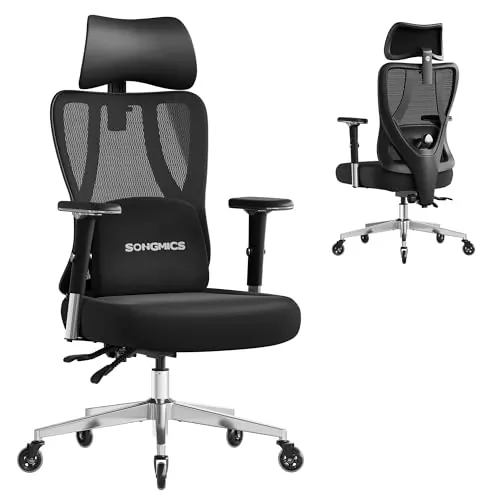 SONGMICS Silla de Oficina Ergonómica, Soporte Lumbar, Carga 150 kg | Silla de Escritorio de Malla, Reposacabezas Ajustables, Negro Tinta, Colección KIME OBN067BH01