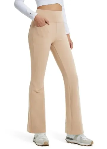 Comallan Thermo Flare Leggings Invierno Repelente al Agua Cintura Alta Calentador Felpa Leggings Yoga Leggings Termal Leggings con Bolsillos para Fitness Deporte Jazzpants Yoga, Caqui XS