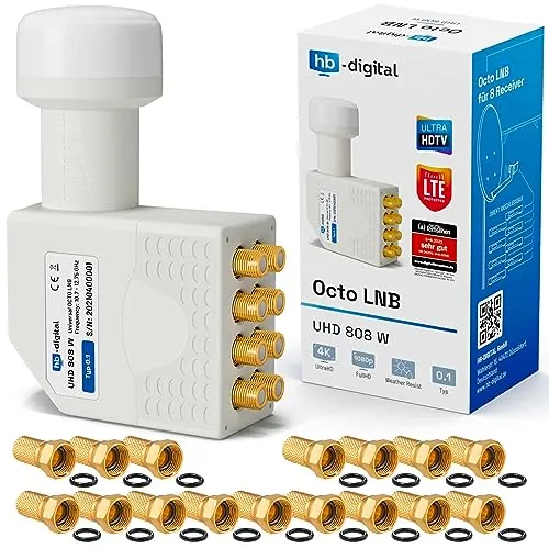 HB-DIGITAL Octo LNB LNC 8 participantes Direct Full HD TV 3D 4K UHD + contactos chapados en Oro + protección climática (Extensible) con 16 F-Plug chapados en Oro Gratis