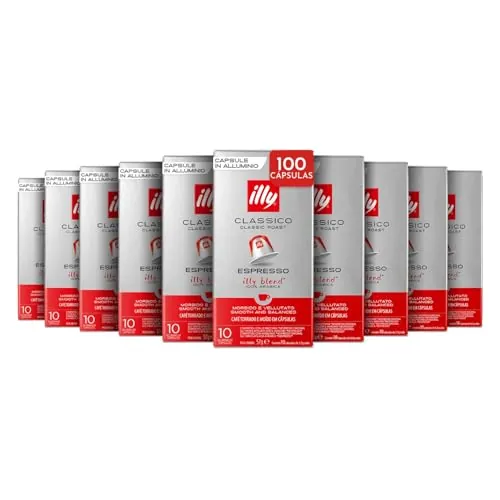 illy, Café en Cápsulas Compatibles en Aluminio CLASSICO, 100% Arábica con Notas de Azahar y Jazmín, Sabor Suave y Sabor Final Dulce, 10 Paquetes de 10 (100 Cápsulas en Total)