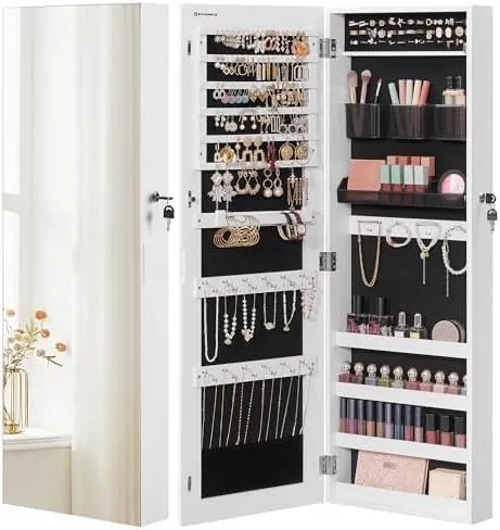 SONGMICS Armario Joyero, Espejo Joyero Montado en la Pared o en la Puerta, Espejo Colgante con Cerradura, 2 Organizadores de Maquillaje de Plástico Extraíbles, Idea de Regalo, Blanco JJC001W01
