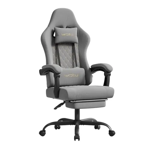 WOLTU Silla Gaming Ergonómica, Silla Oficina con Soporte Lumbar Masaje y Reposapiés Extraible, Silla Giratoria con Gran Asiento de Muelle, Capacidad de 150 kg, Tela de Malla, Gris+Amarillo