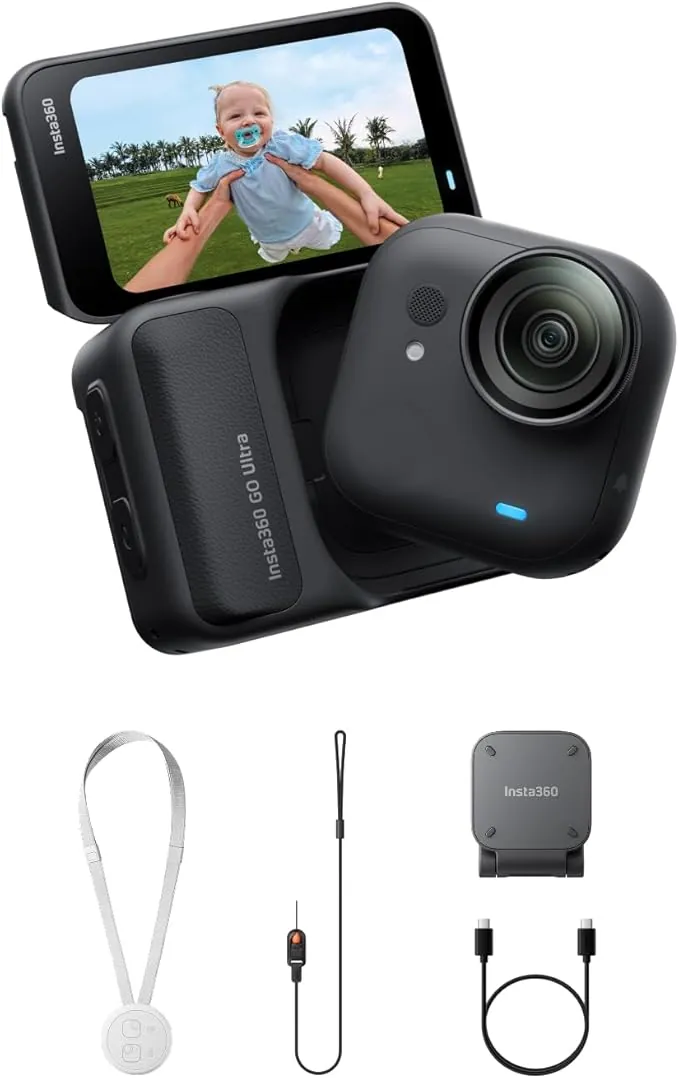 Insta360 GO Ultra Negro- Pequeña cámara vlog 4K, Manos Libres, cámara POV, Sensor de 1/1,28", Peso de 53 g, 156° FOV, batería 200 min, cámara de acción magnética y portátil para Deportes