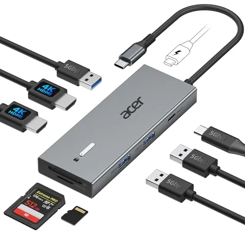 acer Dockingstation USB C 9 en 1, Dual HDMI 4K Hub USB C | con Tarjetas Lectura Simultánea, Tipo C Docking Station para MacBook Air/Pro, iPhone 16, Galaxy S25 Seria, Surface Pro, etc