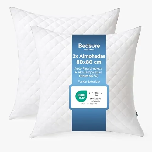 BEDSURE Almohada Antialérgica 2 Unidades - 80x80 Transpirable Antialérgica | Almohada Hipoalergénica, Con Certificación Oeko-TEX, Relleno Ajustable de 650 g, Antiácaros