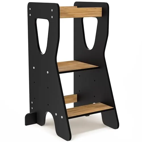 COSYLAND Torre de Aprendizaje Montessori de Madera – Altura Ajustable en 3 Niveles – para Niños Desde 18 Meses – con Barandillas de Seguridad – Estable y Fácil de Montar – Natural y Negro, Forma R