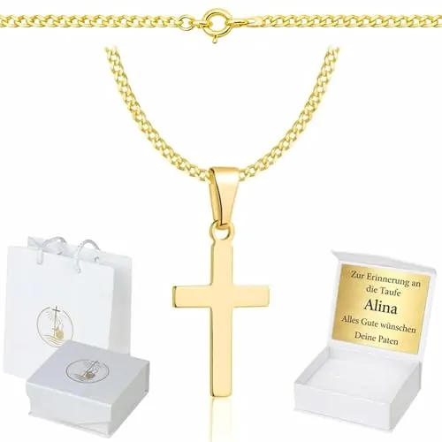 ZELYA Cadena de oro con cruz - 925/585 14K plata bañada en oro, cadena tanque para niñas y niños – 45 cm, cadena de comunión con cruz, cadena para niños para la comunión y el bautismo, caja de regalo
