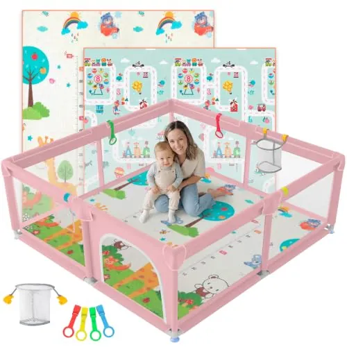 JUPPLIES Parque Infantil Bebe 120x120cm + Alfombra Bebe + Agarraderas + Canasta – Corralito Bebe con Malla Transpirable – Parque de Juegos Bebe Plegable con Puerta Lateral – Playpen Bebe (Rosa)