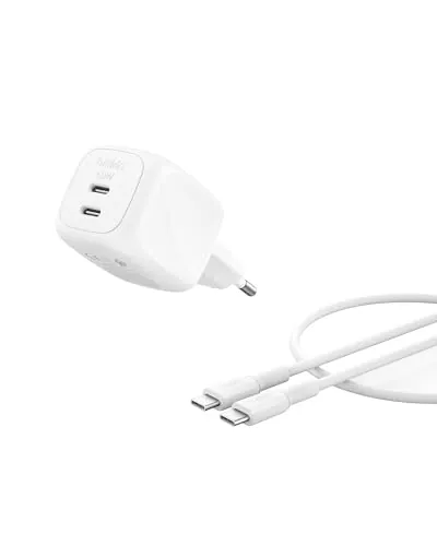 Belkin Cargador USB C con 2 Puertos de 50 W, Enchufe USB Doble GAN, Cargador Tipo C, Cable USBC 1 m, Carga Rápida, MacBook, iPhone 17, iPad Pro, Chromebook, Samsung Galaxy S25 Ultra y Otros - Blanco