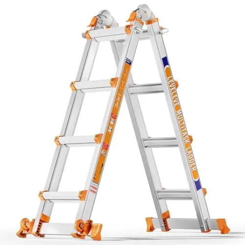 Escalera de 4 peldaños, una Escalera Deslizante de 4.3 m de Largo con estabilizador y Ruedas, 150 kg de Carga de Seguridad, Escalera multiposición para escaleras, hogar, Interior, Exterior