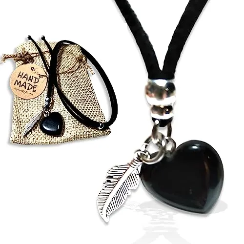 WORLD GOBLINS Collar Obsidiana Negra Piedra Natural Mujer Hecho a Mano. Colgante Mujer Corazón Pluma Antelina, Gargantilla, Energéticas. Adaptable +Bolsa Yute Artesanal Regalo Original (Obsidiana)
