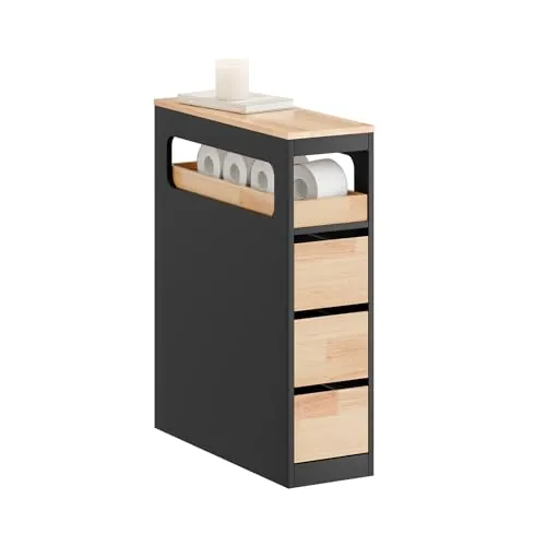 SoBuy Mueble Baño Estrecho con Ruedas y 3 Cajones, Negro 65x23x82cm