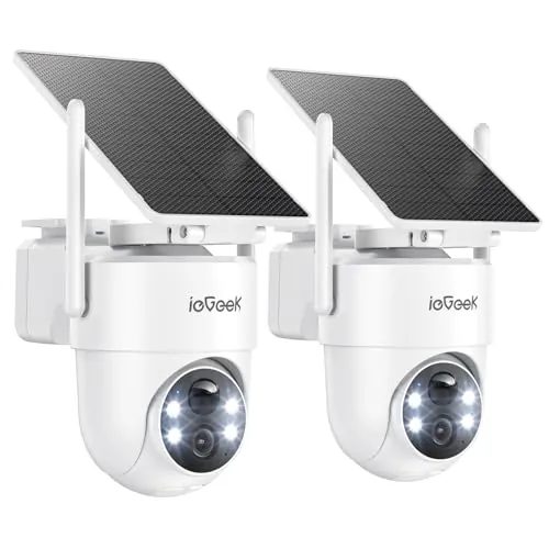 ieGeek 2K/3MP Camara Vigilancia WiFi Exterior Solar, Panel Solar Extraíble, 360° PTZ, Camara de Vigilancia sin Cables, PIR Humana Detección, Alerta de Peligro, Visión Nocturna Color(2pcs)
