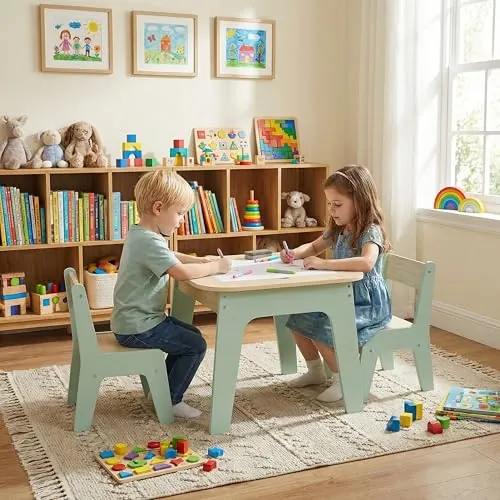 MAMIZO Mesa Infantil con 2 sillas, Doble tableros de Mesa, Grupo de Asientos con Espacio de Almacenamiento, Mueble Infantil para Habitación Infantil, Kindergarten, Sala Juegos, Verde