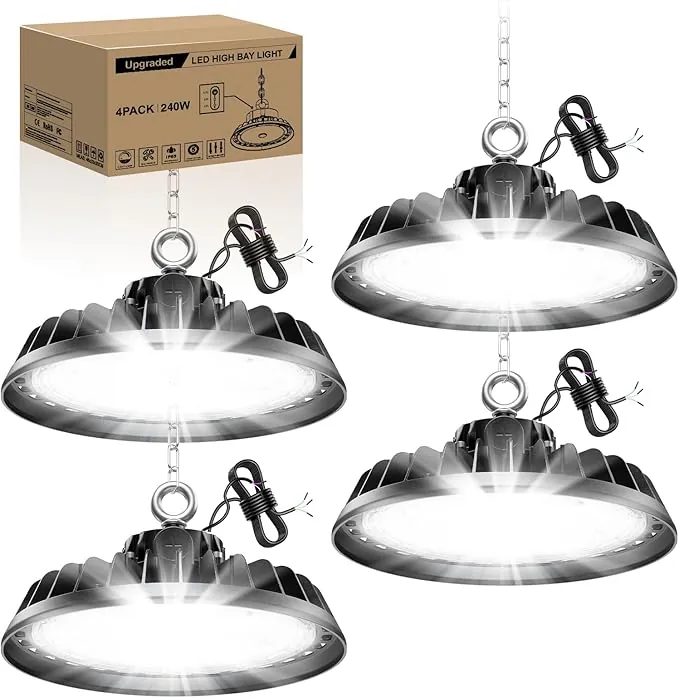 4 Pack UFO 240 W LED High Bay Proyector Garage Light 40800LM Iluminación para taller 6000 K 120 °Iluminación IP65 lámpara industrial regulable 140 W/190 W/240 W plantas de almacén de