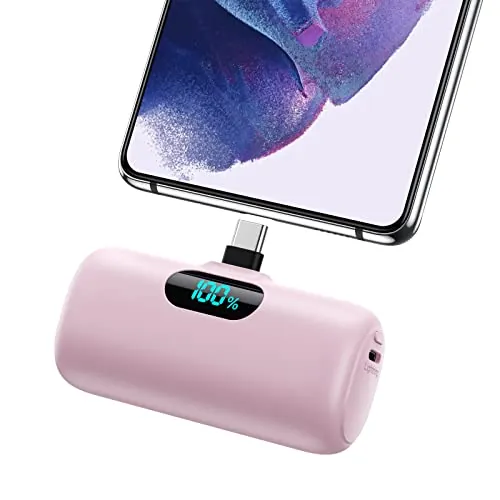 Feob Mini Power Bank, 5000mAh USB C Cargador Portátil 15W PD Carga Rapida Batería Externa Compacto Powerbank con Pantalla LCD Compatible con iPhone 16/15 Pro Samsung USB C Teléfonos etc-Rosa