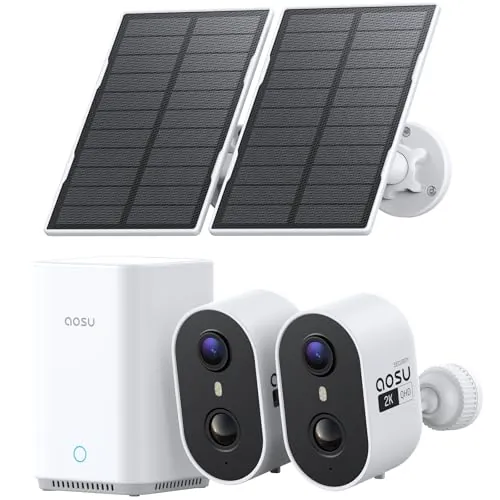 aosu Cámara de Vigilancia 2K Exterior Solar Kit 2 Cámaras con Aosubase Sin Suscripción 32GB Almacenamiento Local Inalámbrica Sensor PIR Alarma Luz Sonido Audio Bidireccional Visión Nocturna