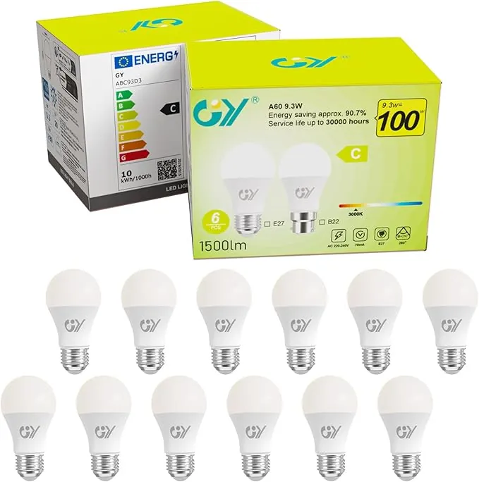 GY 9.3W Bombillas Led E27 Luz Calida 3000K 1500LM, No Regulable - Clase C Bombilla Bajo Consumo, A60 Bombilla E27 Casquillo Pack de 12