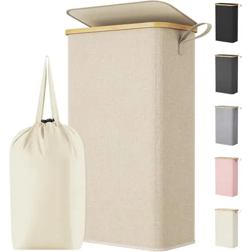 Lifewit Cesto Ropa Sucia Estrecho con Tapa, Cesto de Ropa Plegable con Bolsa Extraíble y Asa, Cesta Ropa Sucia de Bambú, Cubo de Ropa para Dormitorio, Baño, Lavandería, Dormitorio, 80 L, Beige