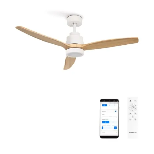 CREATE/ WINDSTYLANCE NATURAL WOOD S/Ventilador de techo con luz blanco aspas madera clara con Wifi y mando / 40W, Temporizador, Ø112 cm, 6 velocidades, función verano-invierno, doble altura