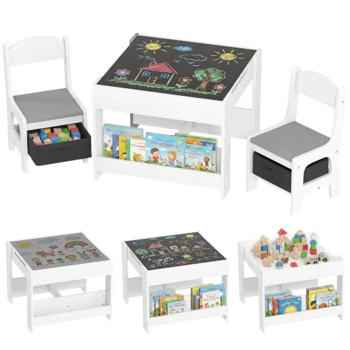 HOMCOM Juego de Mesa y 2 Sillas Infantiles Mesa con Sillas para Niños 3 en 1 con Pizarra Cajones de Tela y Espacio de Almacenamiento para Guardería Sala de Juegos Blanco y Gris