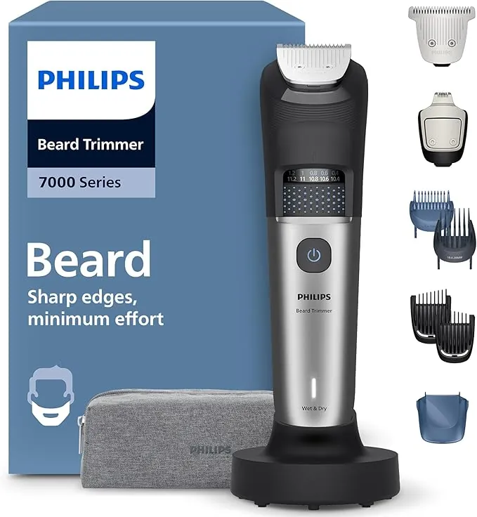 Philips Recortadora de barba series 7000, Hombre, Cuchillas autoafilables, 40 posiciones ajustables, Sensor de Barba, Sistema recogedor de vello, 100% Resistente al agua, Cabezal ancho, BT7670/15
