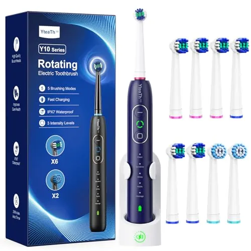 Cepillo de Dientes Eléctrico de Rotación para Hombres - Cepillo Eléctrico Adultos 3 Intensidades, 5 Modos, 8 Cabezales, IPX7 Impermeable, Cepillo Dientes Electrico Viaje, Azul Oscuro
