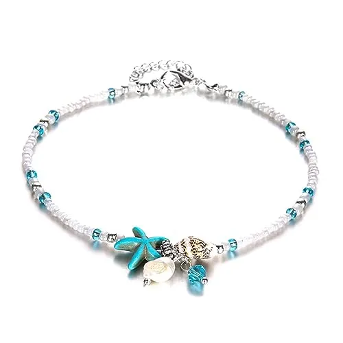Vintage Boho Estrella de Mar Tobillera con Concha y Perla Blanca, Cadena Tobillera Semilla Blanca, Joyería para Mujeres y Niñas
