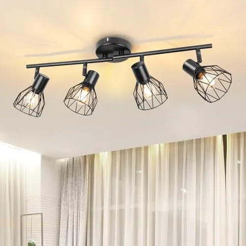 Dehobo E14 Lámpara de Techo 4 Focos LED, Focos de Techo Negro Giratorios