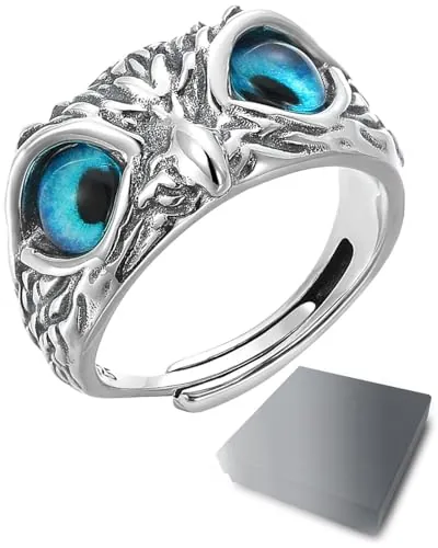 HSIXHAF 1 PCS Anillo de búho, Anillo búho real, ojos azules, ajustable, Anillos para mujeres, niñas, hombres y niños, con caja de regalo negra