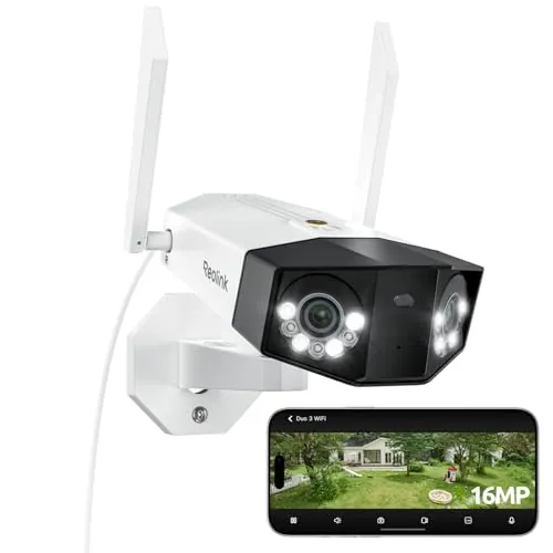 Reolink 16MP Camara Vigilancia WiFi Exterior con Doble Lente, Vista Panorámica de 180°, Trayectoria, Detección Inteligente, Wi-Fi 6 de 2,4/5GHz, Foco de Visión Nocturna, Grabación 24/7, Duo 3 WiFi
