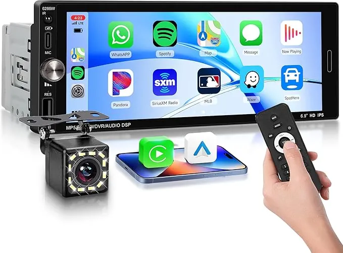 Rimoody Wireless Carplay Radio de Coche 1 DIN con 6.9 Pulgadas IPS Pantalla para Coche con Bluetooth Manos Libres FM Tipo C USB EQ Control del Volante Cámara Trasera