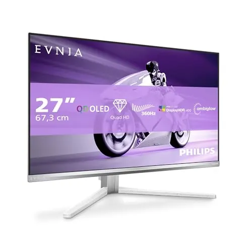 PHILIPS Evnia 27M2N8500AM - Monitor Gaming OLED QHD de 27 Pulgadas, 360 Hz, 0,03 ms, HDR400, FreeSync. Prem., Comp. G-Sync. (2560x1440, 2X HDMI 2.1, 1x DP 1.4, concentrador USB) Blanco