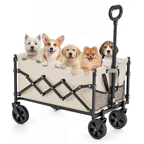 SONGMICS Carro de Mano Plegable, Carreta, Carrito de Jardín, Compacto y Pequeño, con Asa, con 4 Ruedas Reforzadas, 2 Universales, Carga hasta 180 kg, 90 L, Exterior, Beige Arena GFW909LF01