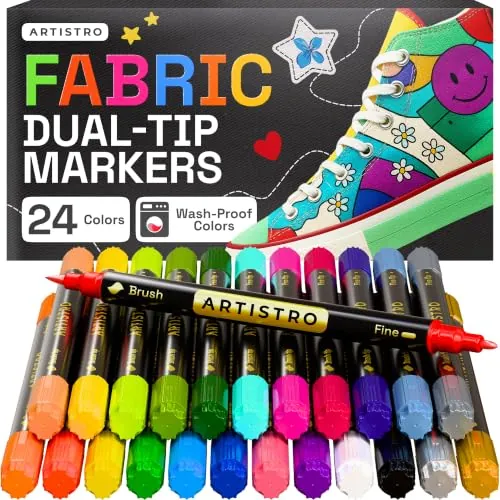 ARTISTRO 24 Marcadores de Tela de Doble Punta - Kit de Decoración Textil - Permanente para Ropa - Rotuladores Sin Manchas para Camisetas, Bolsas, Textiles, Lienzos y Más (Punta de Pincel y Punta Fina)