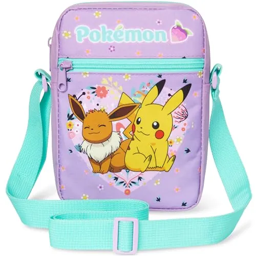 Pokémon Bolso Bandolera para Niños y Adolescente, Ajustable Pikachu Bolsos Marca para Viaje Teléfono Cartera, Regalo Infantil (Morado/Multi)