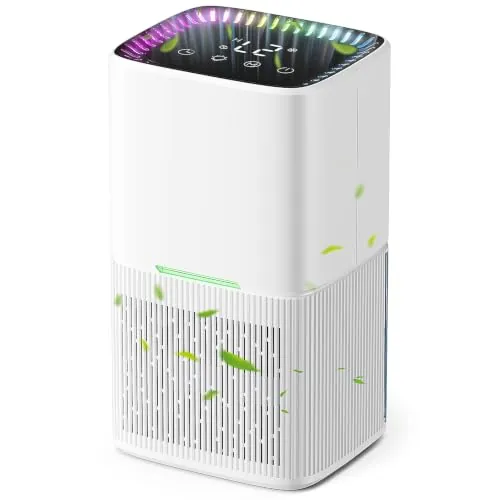 Deshumidificador Silencioso Deshumificadores de Humedad 1.8L（Blanco puro） | <53 dB, temporizador programable, apagado automático y descongelación, luz LED de 7 colores, ideal para baño y dormitorio.