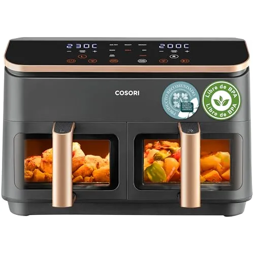 Cosori Air Fryer Grande 8,5 Litros, Freidora de Aire con Doble Cesta, Airfryer con Ventana, Recetas en la App, Multifunción 10 en 1, Alta Potencia y 55% de Eficiencia, Bajo Ruido, Fácil de Limpiar