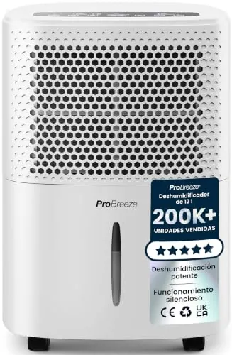 Pro Breeze Deshumidificador Silencioso 12L, Depósito Extraíble y Desagüe Continuo, 3 Modos, Temporizador 24h, Sensor de Humedad, Absorbe Humedad y Elimina el Moho de Habitaciones (20 m²)