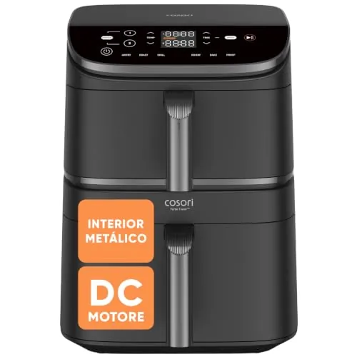 Cosori Air Fryer Turbo Tower Grande 10,8 Litros, Freidora de Aire con Doble Cesta Vertical para Ahorrar Espacio, Airfryer de Turbo Blaze, Multifunción 6 en 1, Recetas en App, Fácil de Limpiar, 2630W