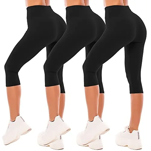 SINOPHANT Leggins Cortos Mujer Cintura Alta 3/4 Pantalones Deportivos Capri Mallas Deporte 3 Negro/Negro/Negro L-XL