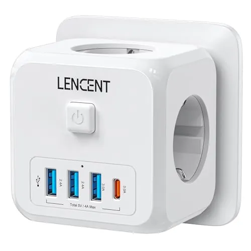 LENCENT Cubo Enchufe USB 7 en 1, Ladron Enchufes 4000W, Triple Múltiples Pared con 3 Tomas de CA, 3 USB-A, 1 Tipo C y Interruptor, Cargador Regleta Pared para Oficina, Cocina y Habitación