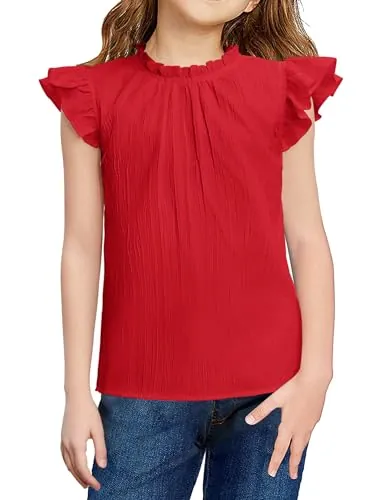 Arshiner Camiseta de Verano para Niñas Blusa Sin Mangas Roja Tops Ocio Festivo Camisas Estructuradas para Niños Tops Elegantes con Cuello Redondo Ropa para Niñas 9-10 Años